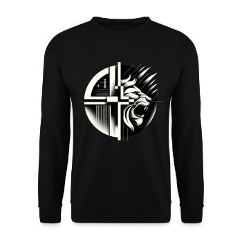 Monochrome Majesty: Geometrischer Löwe - Unisex Pullover - Schwarz - Vorne - Alina (178cm) & Michal (187cm)