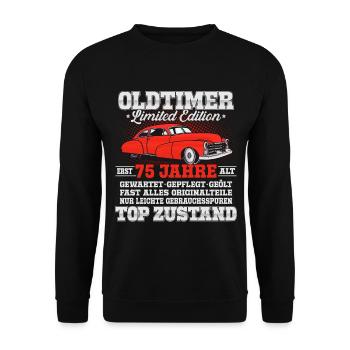 Oldtimer Baujahr 75 Jahre 75 Geburtstag Geschenk - Unisex Pullover - Schwarz - Vorne - Alina (178cm) & Michal (187cm)