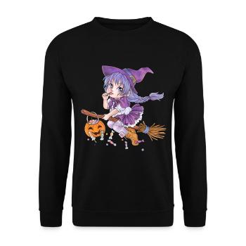 Süße Hexe auf Besen mit Süßigkeiten im Manga Style - Unisex Pullover - Schwarz - Vorne - Alina (178cm) & Michal (187cm)