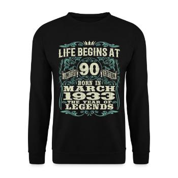 90 Jahre alt - Geburtstag 1933 - März 1933 geboren - Unisex Pullover - Schwarz - Vorne - Alina (178cm) & Michal (187cm)