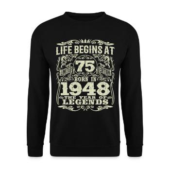 75 Jahre alt - Geburtstag 1948 - 1948 geboren - Unisex Pullover - Schwarz - Vorne - Alina (178cm) & Michal (187cm)