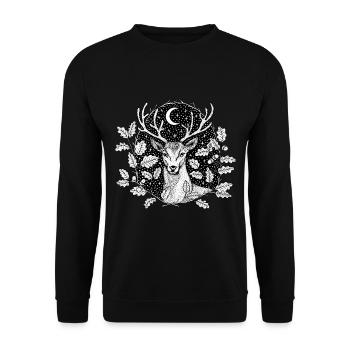 Hirsch im Wald mit Mond und Sternen by Nikki-Luka - Unisex Pullover - Schwarz - Vorne - Alina (178cm) & Michal (187cm)