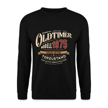 Oldtimer Modell 1975 - Geburtstag - Jahrgang - Unisex Pullover - Schwarz - Vorne - Alina (178cm) & Michal (187cm)