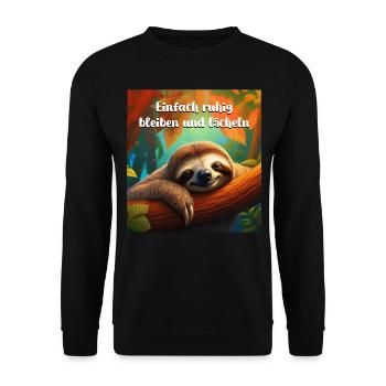 Lustiges Faultier einfach ruhig bleiben und lächen - Unisex Pullover - Schwarz - Vorne - Alina (178cm) & Michal (187cm)