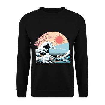 Big Wave Vaporwave Aesthetic 80s Anime Fashion - Unisex Pullover - Schwarz - Vorne - Alina (178cm) & Michal (187cm)