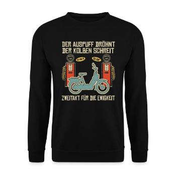 Mofa Mopedfahrer Mofaroller Moped Zweitakt Mofa - Unisex Pullover - Schwarz - Vorne - Alina (178cm) & Michal (187cm)