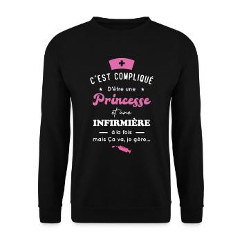 Princesse et infirmière, Cadeau infirmière femme - Sweat-shirt Unisexe - noir - Devant - Alina (178cm) & Michal (187cm)