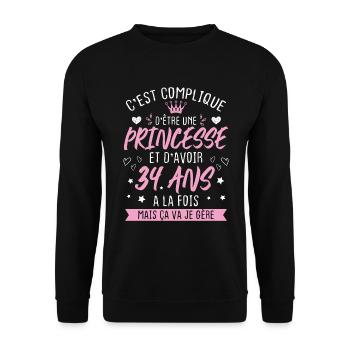 Une princesse et d'avoir 34 ans, Cadeau 34 ans - Sweat-shirt Unisexe - noir - Devant - Alina (178cm) & Michal (187cm)