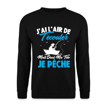 Dans Ma Tête Je Pêche, Cadeau Humour Pêcheur - Sweat-shirt Unisexe - noir - Devant - Alina (178cm) & Michal (187cm)