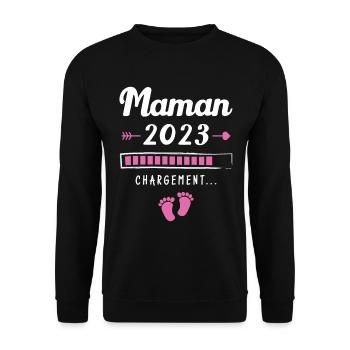 Maman 2023 Chargement, Cadeau future maman - Sweat-shirt Unisexe - noir - Devant - Alina (178cm) & Michal (187cm)