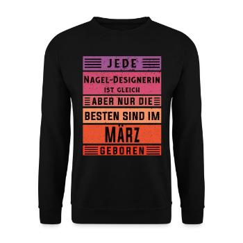 Nagelstudio Geburtstag März geboren - Unisex Pullover - Schwarz - Vorne - Alina (178cm) & Michal (187cm)