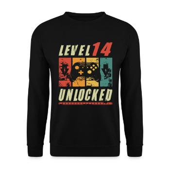 Level 14 Unlocked Gamer Turning 14th Birthday Gift - Unisex Pullover - Schwarz - Vorne - Alina (178cm) & Michal (187cm)
