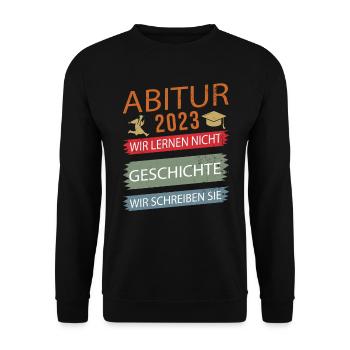 Abi 2023 Abitur bestanden Geschichte retro Abitur - Unisex Pullover - Schwarz - Vorne - Alina (178cm) & Michal (187cm)