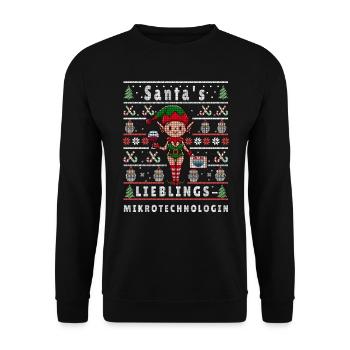 Ugly Weihnachten SANTAS LIEBLINGS Mikrotechnologin - Unisex Pullover - Schwarz - Vorne - Alina (178cm) & Michal (187cm)