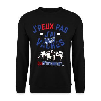 J peux pas j ai mes Vaches qui M attendent - Sweat-shirt Unisexe - noir - Devant - Alina (178cm) & Michal (187cm)