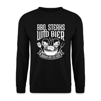 BBQ, STEAKS & BIER, Barbecue grillen - Unisex Pullover - Schwarz - Vorne - Alina (178cm) & Michal (187cm)