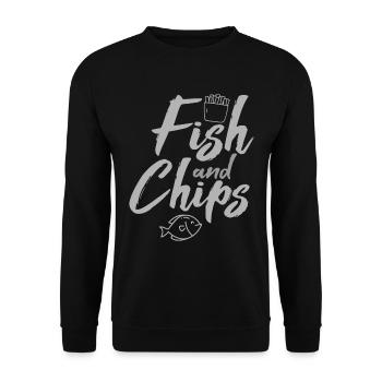 Fish & Chips Lustiges britisches Essen und Streetfood - Unisex Pullover - Schwarz - Vorne - Alina (178cm) & Michal (187cm)