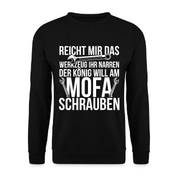 Reicht mir das Werkzeug Lustiger Mofa Spruch - Unisex Pullover - Schwarz - Vorne - Alina (178cm) & Michal (187cm)