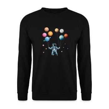 Astronaut mit Planeten - Ballons - Lustig abheben - Unisex Pullover - Schwarz - Vorne - Alina (178cm) & Michal (187cm)