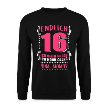 Endlich 16 Geburtstag | Geschenk Mädchen - Unisex Pullover - Schwarz - Vorne - Alina (178cm) & Michal (187cm)