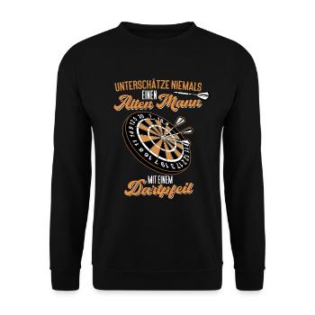 Alter Mann mit Dart Pfeil - Unisex Pullover - Schwarz - Vorne - Alina (178cm) & Michal (187cm)