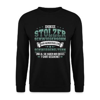 Schwiegersohn Geschenk Schwiegersöhne - Unisex Pullover - Schwarz - Vorne - Alina (178cm) & Michal (187cm)