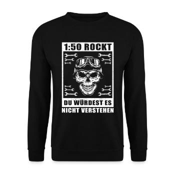 Mofa Moped Mofafahrer Mopedfahrer Geschenk - Unisex Pullover - Schwarz - Vorne - Alina (178cm) & Michal (187cm)