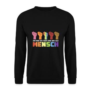 Am Ende des Tages sind wir Mensch - Unisex Pullover - Schwarz - Vorne - Alina (178cm) & Michal (187cm)