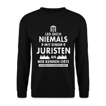 LEG DICH NIE MIT EINEM JURISTEN AN JURIST GESCHENK - Unisex Pullover - Schwarz - Vorne - Alina (178cm) & Michal (187cm)