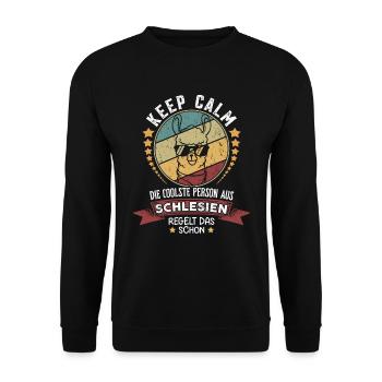 Keep calm die coole Person aus Schlesien - Unisex Pullover - Schwarz - Vorne - Alina (178cm) & Michal (187cm)