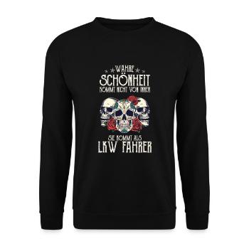 Wahre Schönheit kommt als LKW Fahrer Trucker - Unisex Pullover - Schwarz - Vorne - Alina (178cm) & Michal (187cm)