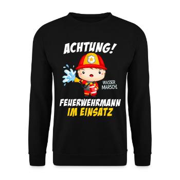 Achtung Feuerwehrmann Jungen Einsatz - Unisex Pullover - Schwarz - Vorne - Alina (178cm) & Michal (187cm)
