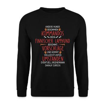 Finnischer Lapphund Kommandos - Unisex Pullover - Schwarz - Vorne - Alina (178cm) & Michal (187cm)