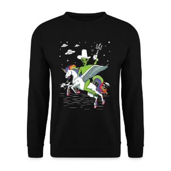 Alien reitet Einhorn Unheimlich - Unisex Pullover - Schwarz - Vorne - Alina (178cm) & Michal (187cm)