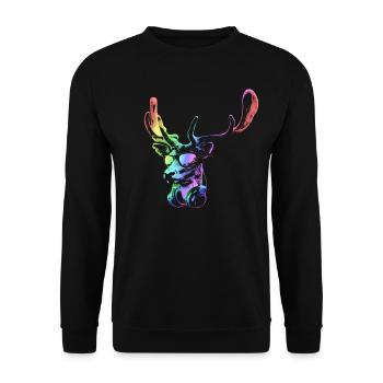Hirsch DJ. Neon coole und lustige Musiktier mit - Unisex Pullover - Schwarz - Vorne - Alina (178cm) & Michal (187cm)