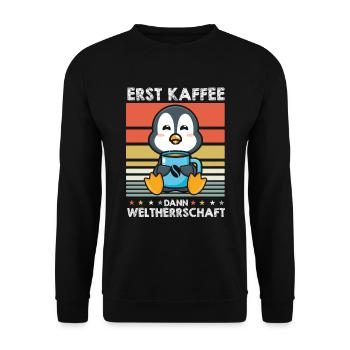 Pinguin Kaffee - Unisex Pullover - Schwarz - Vorne - Alina (178cm) & Michal (187cm)