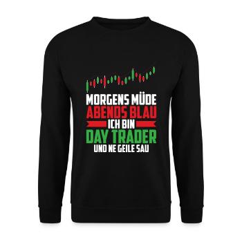 Day Trading Day Trader Morgens Müde Abends Blau - Unisex Pullover - Schwarz - Vorne - Alina (178cm) & Michal (187cm)