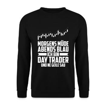 Day Trading Day Trader Morgens Müde Abends Blau - Unisex Pullover - Schwarz - Vorne - Alina (178cm) & Michal (187cm)