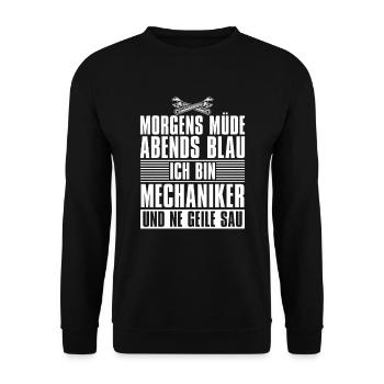 Motorrad Mechaniker Morgens Müde Abends Blau - Unisex Pullover - Schwarz - Vorne - Alina (178cm) & Michal (187cm)