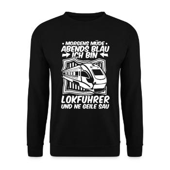 Lokführer Zugführer Morgens Müde Abends Blau - Unisex Pullover - Schwarz - Vorne - Alina (178cm) & Michal (187cm)