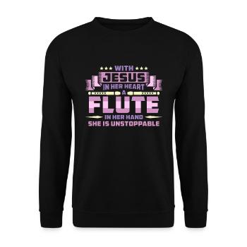 Flutes With Jesus In Her Heart Woodwind Flutist - Unisex Pullover - Schwarz - Vorne - Alina (178cm) & Michal (187cm)