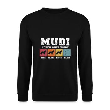 Mudi hören aufs Wort - Unisex Pullover - Schwarz - Vorne - Alina (178cm) & Michal (187cm)
