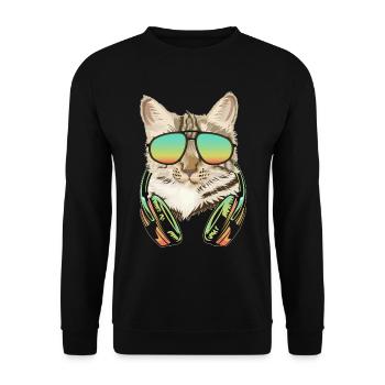 DJ Katze Kopfhörer Kätzchen Musikproduzent - Unisex Pullover - Schwarz - Vorne - Alina (178cm) & Michal (187cm)
