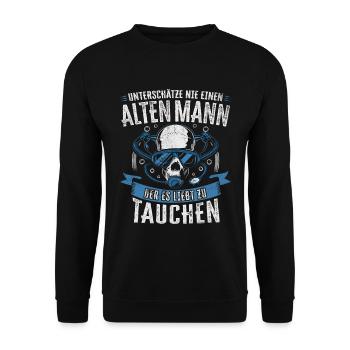 UNTERSCHÄTZE NIE ALTEN MANN TAUCHER TAUCHEN SPRUCH - Unisex Pullover - Schwarz - Vorne - Alina (178cm) & Michal (187cm)