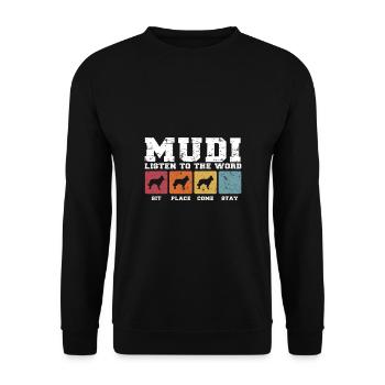 Mudi listen to the word - Unisex Pullover - Schwarz - Vorne - Alina (178cm) & Michal (187cm)