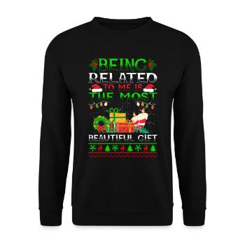 Being Related To Me – Lustiger Weihnachtsspruch - Unisex Pullover - Schwarz - Vorne - Alina (178cm) & Michal (187cm)