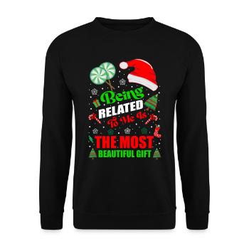 Being Related To Me – Lustiger Weihnachtsspruch - Unisex Pullover - Schwarz - Vorne - Alina (178cm) & Michal (187cm)