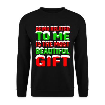 Being Related To Me – Lustiger Weihnachtsspruch - Unisex Pullover - Schwarz - Vorne - Alina (178cm) & Michal (187cm)