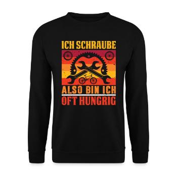 Rad Monteur- Ich Schraube Also Bin Ich Oft Hungrig - Unisex Pullover - Schwarz - Vorne - Alina (178cm) & Michal (187cm)