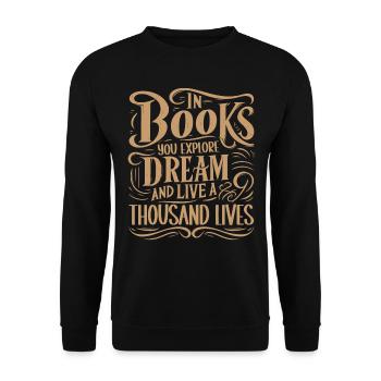 In Books You Explore Bücherwurm Spruch Bekleidung - Unisex Pullover - Schwarz - Vorne - Alina (178cm) & Michal (187cm)